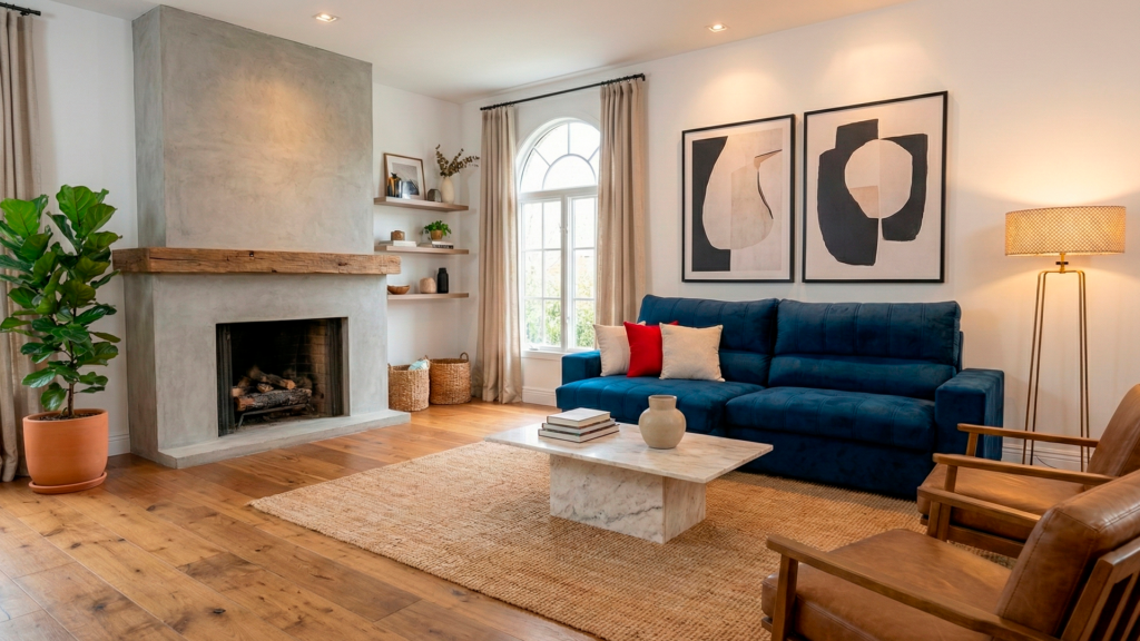 Sofá retrátil bege em tecido linho posicionado à frente de uma parede azul com molduras boiserie e espelhos circulares