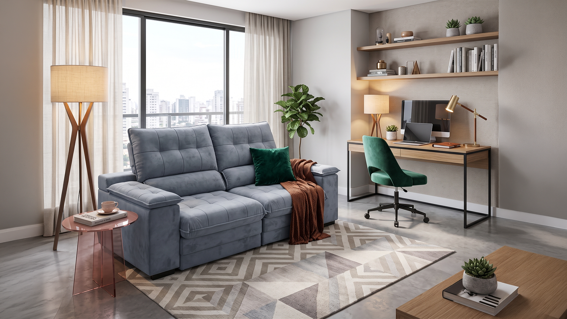 Descubra como unir sua sala de estar e home office em um só ambiente aconchegante. Conheça os sofás da Netsofas e transforme seu espaço!